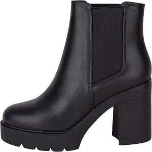 ~ Top ~ Women High Heel Lug Sole Chelsea Fashion Double Elastic Gore Ankle Boot