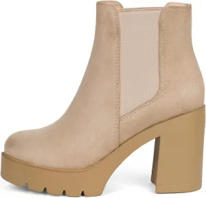 ~ Top ~ Women High Heel Lug Sole Chelsea Fashion Double Elastic Gore Ankle Boot