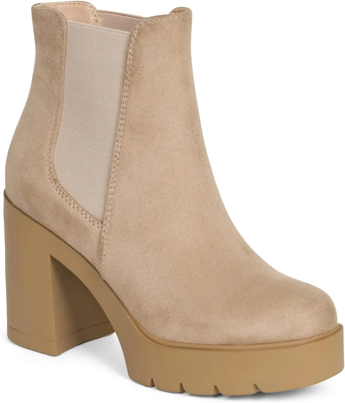 ~ Top ~ Women High Heel Lug Sole Chelsea Fashion Double Elastic Gore Ankle Boot