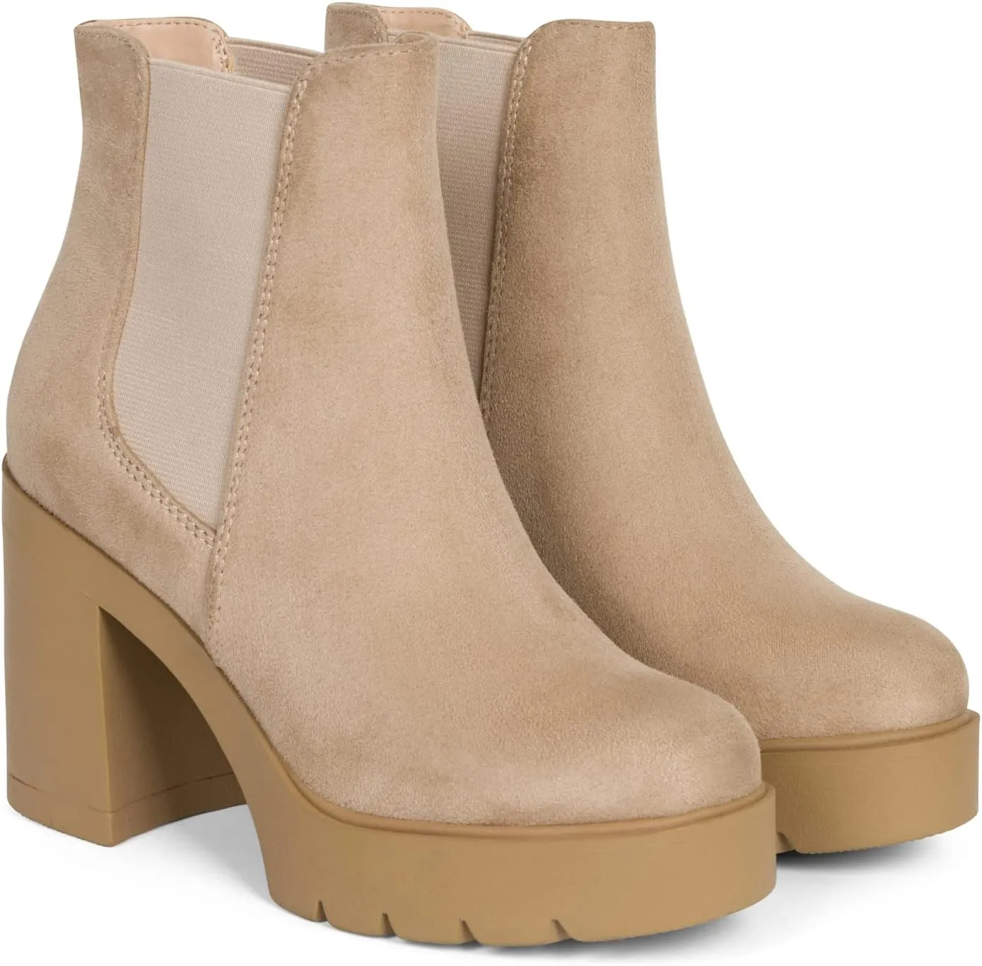 ~ Top ~ Women High Heel Lug Sole Chelsea Fashion Double Elastic Gore Ankle Boot