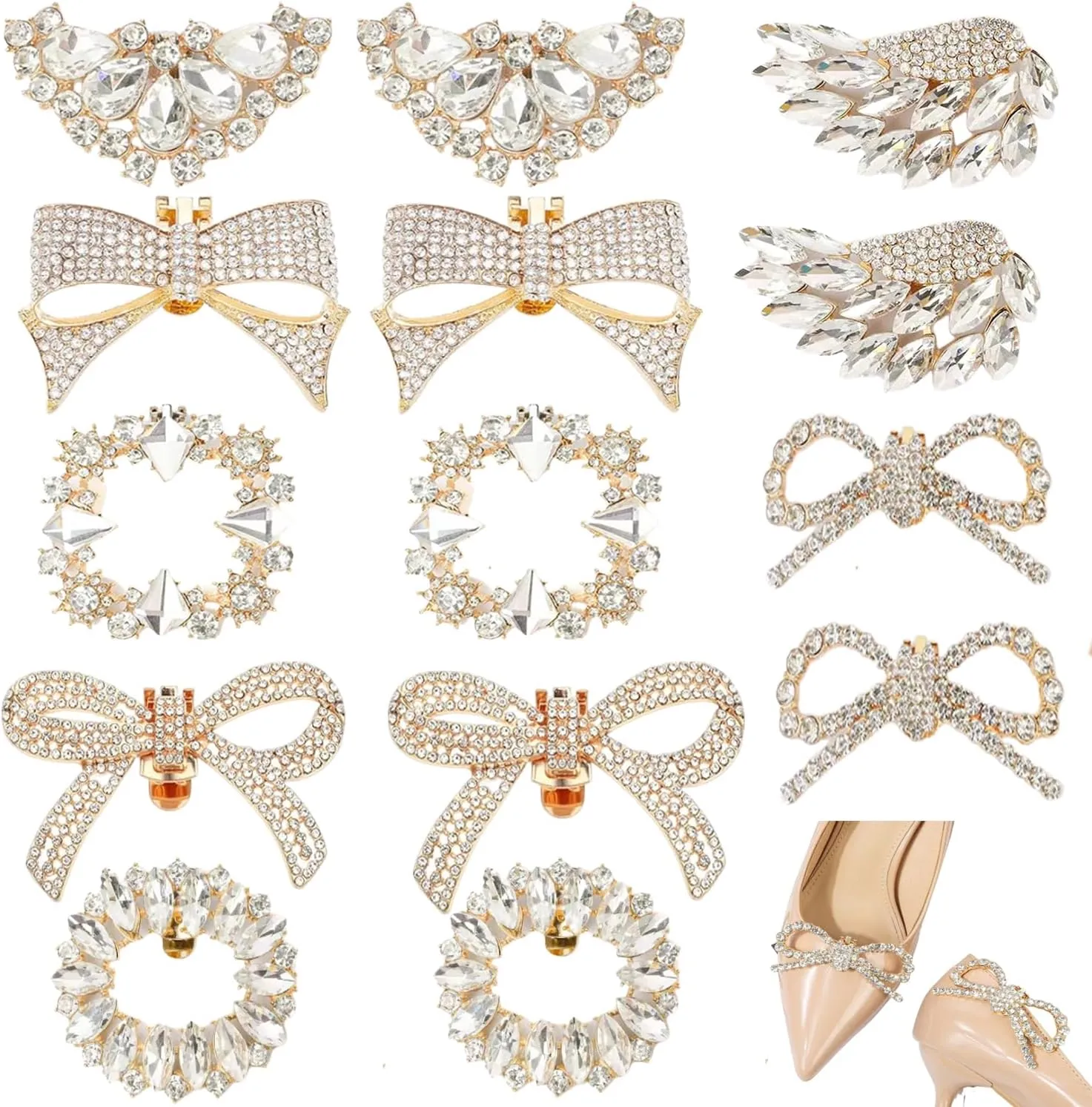 14 Pcs Rhinestone Bow Shoe Clips Shoe Buckle Classic Decorative Bow Clips For Shoes Elegant Removable Shoe Charms For Women Shoes Accessories For Women Clip On Wedding Shoe Jewelry Embellishments
