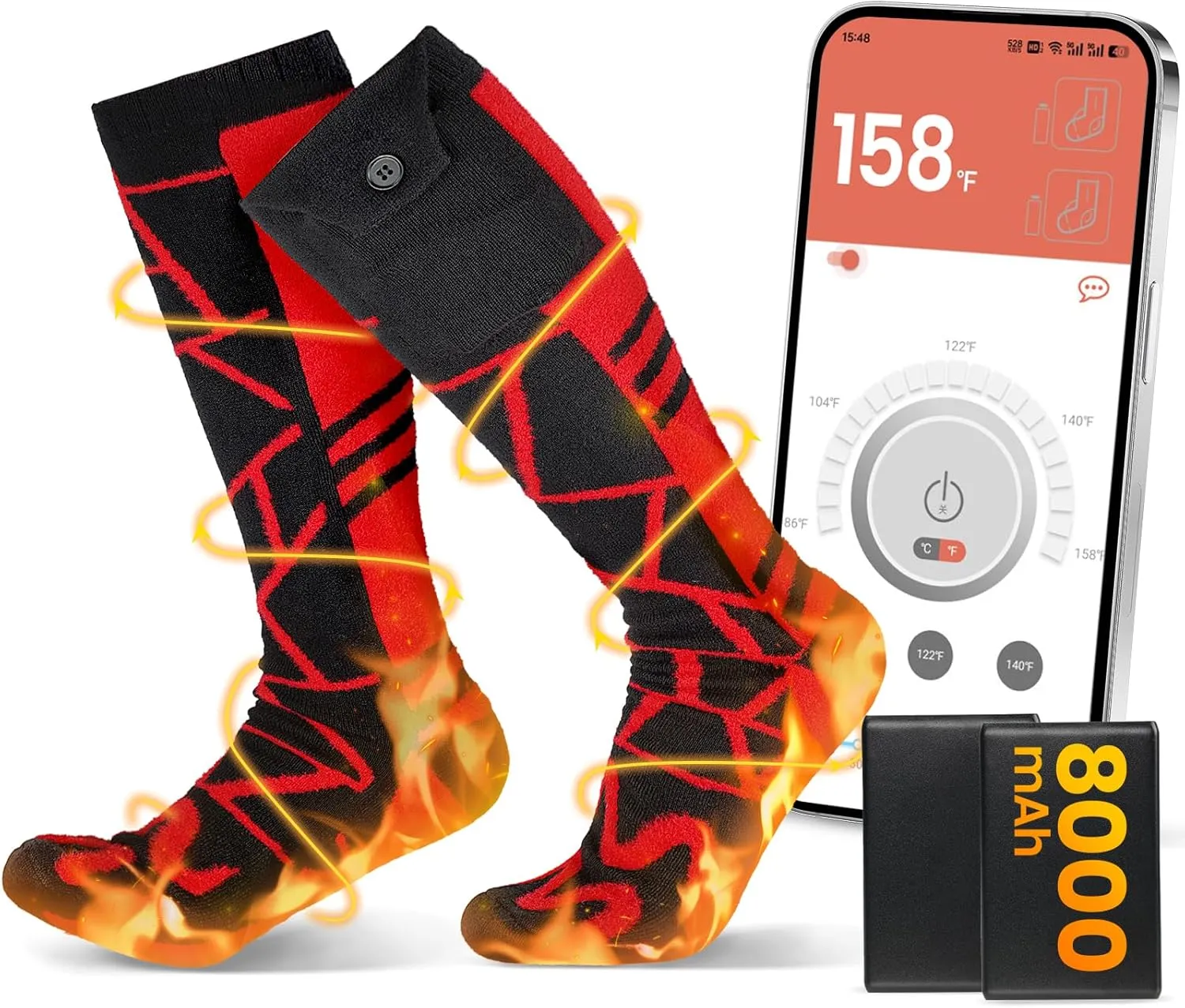 8000mAh Heated Socks: 14-Hour Long-Lasting Battery Life Rechargeable Electric Socks | APP-Controlled | Cold Weather Foot Warmer Socks for Men Women | Outdoor Hunting Skiing Camping Hiking