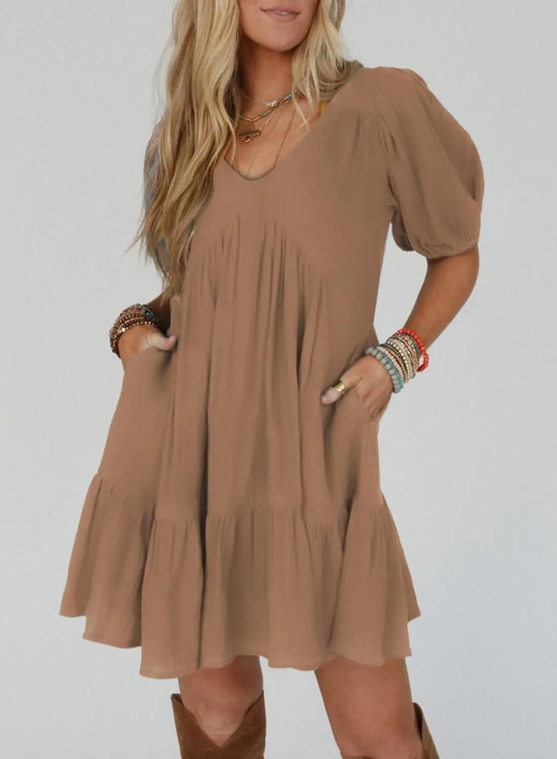Acelitt Women's Summer Dresses 2025 Beach Casual Deep V Neck Loose Sundress Short Sleeve Mini Dress