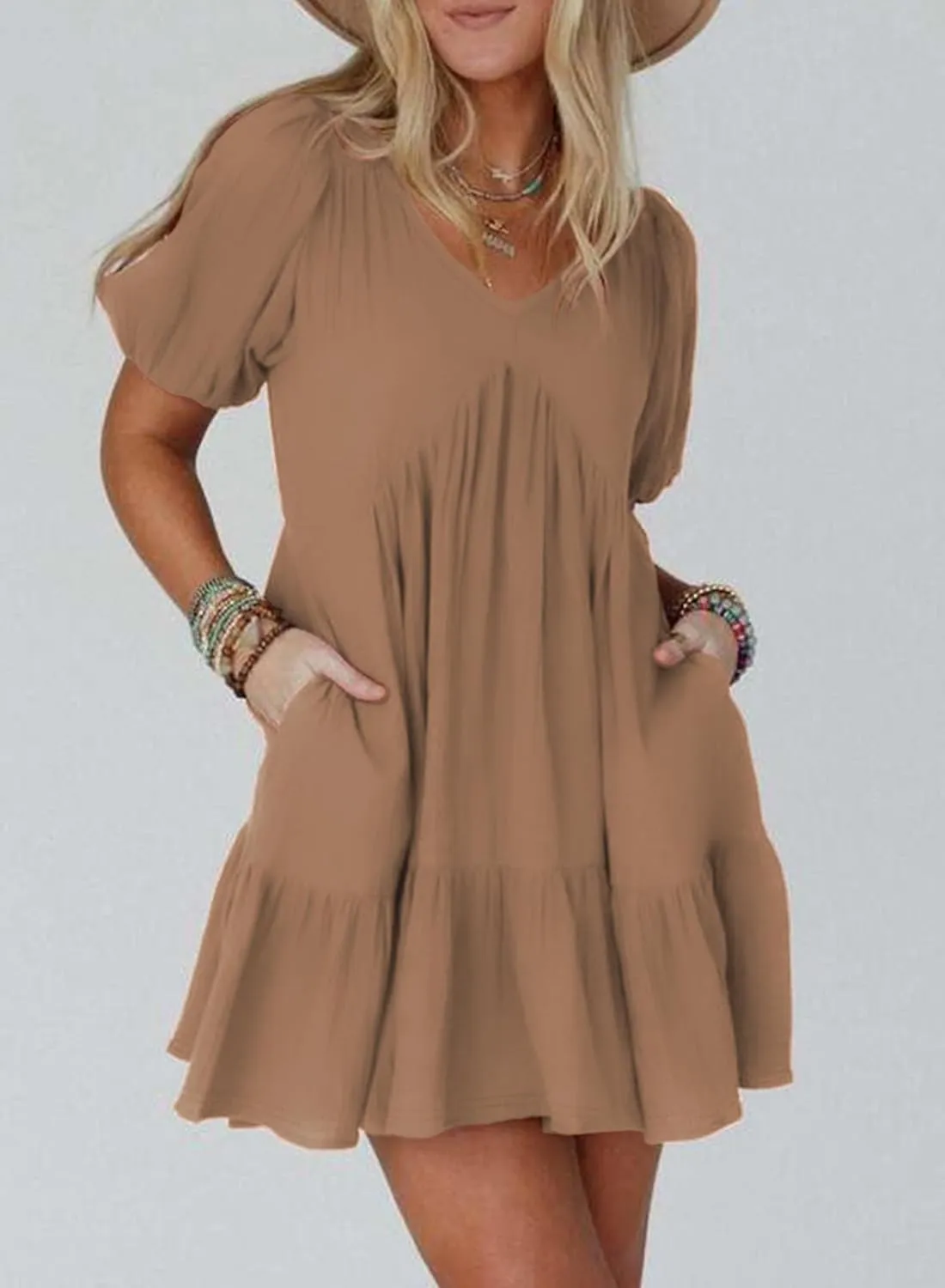 Acelitt Women's Summer Dresses 2025 Beach Casual Deep V Neck Loose Sundress Short Sleeve Mini Dress