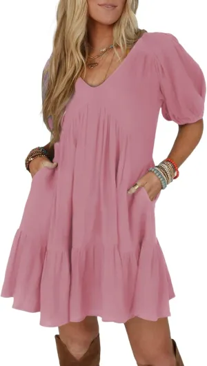 Acelitt Women's Summer Dresses 2025 Beach Casual Deep V Neck Loose Sundress Short Sleeve Mini Dress