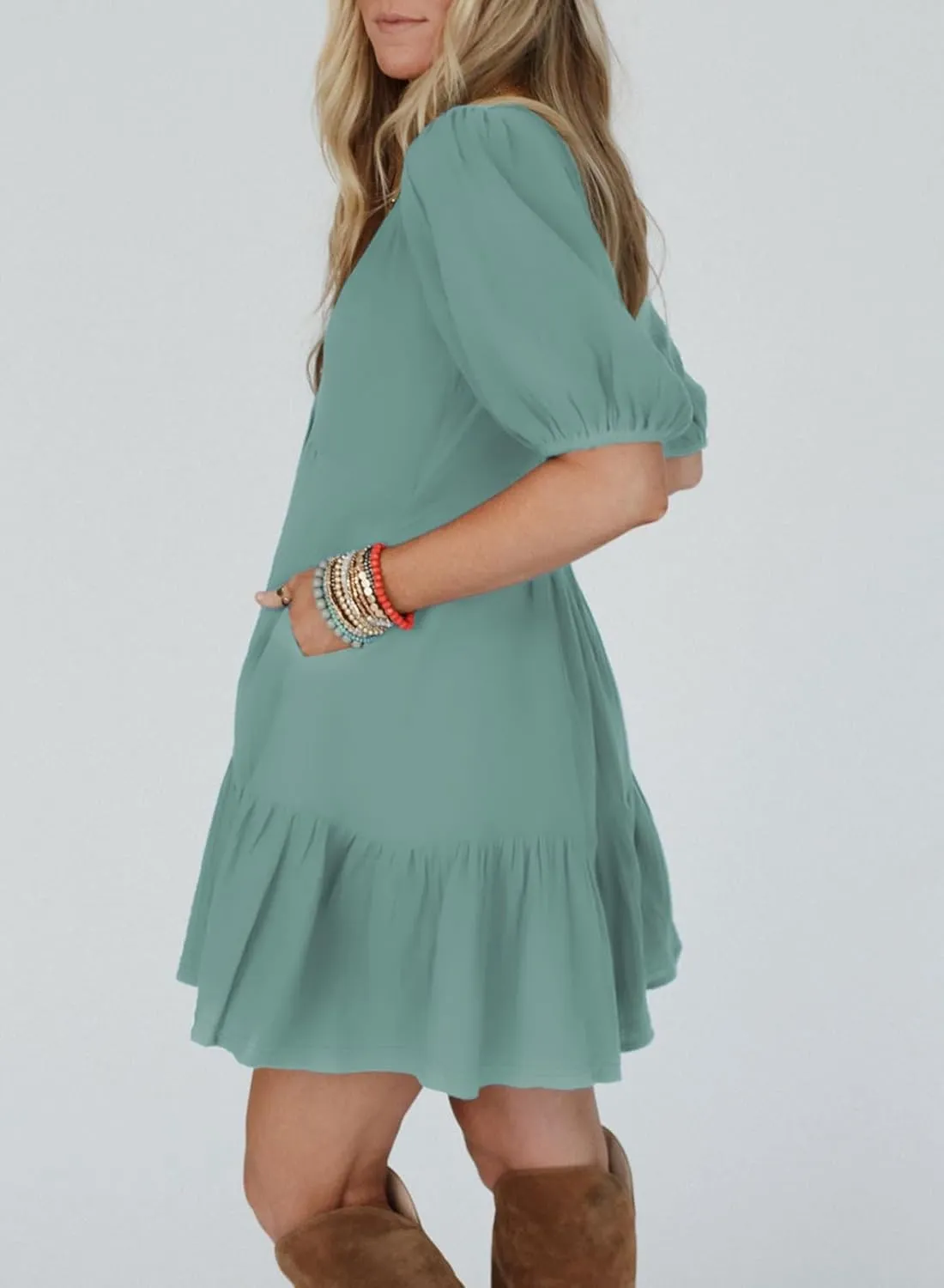 Acelitt Women's Summer Dresses 2025 Beach Casual Deep V Neck Loose Sundress Short Sleeve Mini Dress