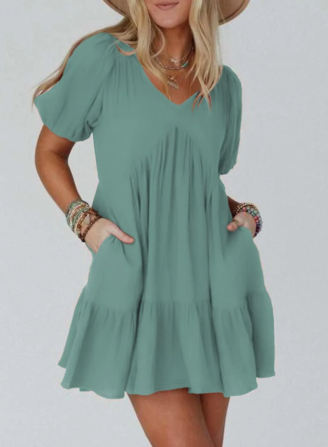 Acelitt Women's Summer Dresses 2025 Beach Casual Deep V Neck Loose Sundress Short Sleeve Mini Dress