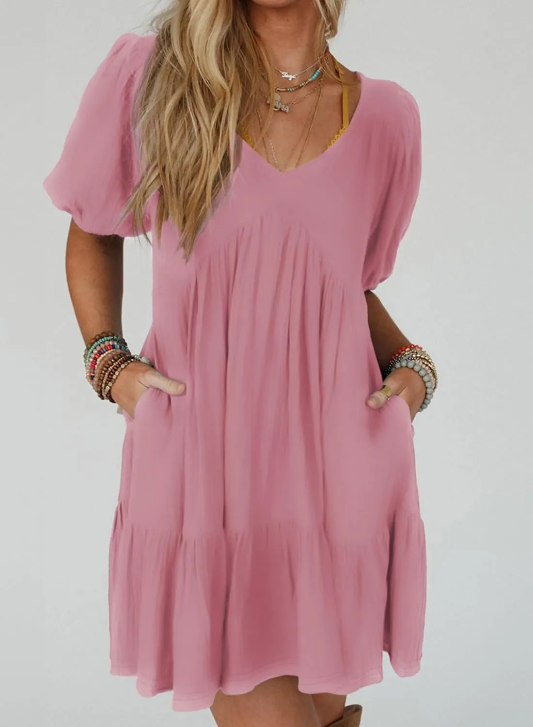 Acelitt Women's Summer Dresses 2025 Beach Casual Deep V Neck Loose Sundress Short Sleeve Mini Dress