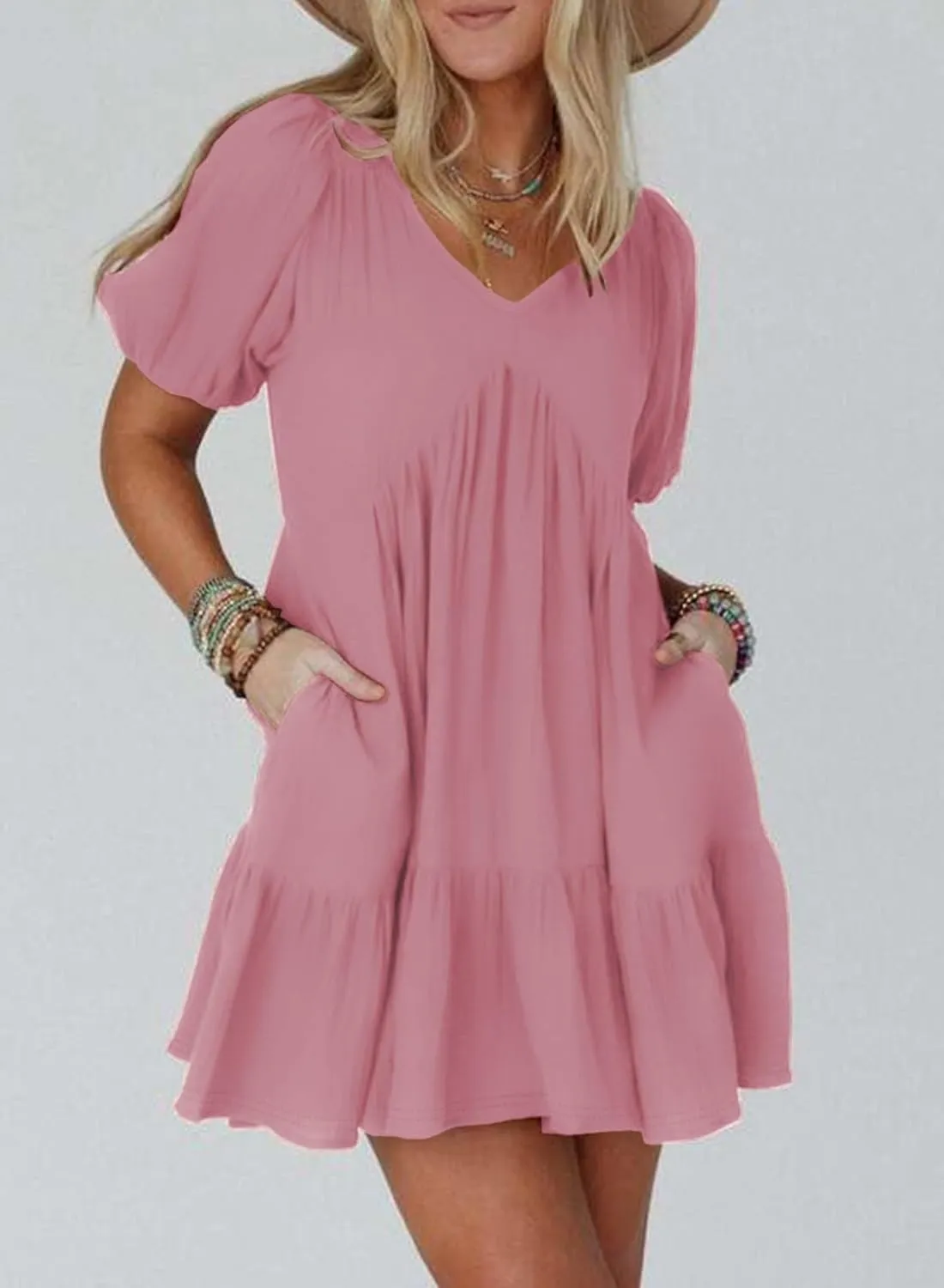 Acelitt Women's Summer Dresses 2025 Beach Casual Deep V Neck Loose Sundress Short Sleeve Mini Dress
