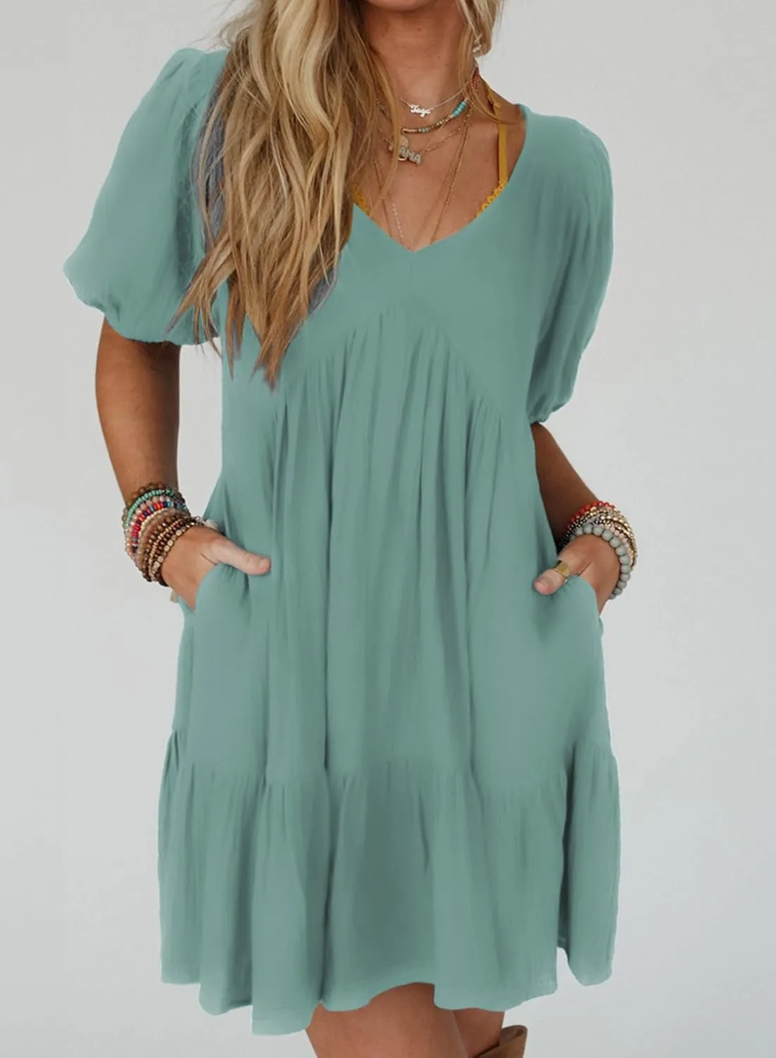 Acelitt Women's Summer Dresses 2025 Beach Casual Deep V Neck Loose Sundress Short Sleeve Mini Dress