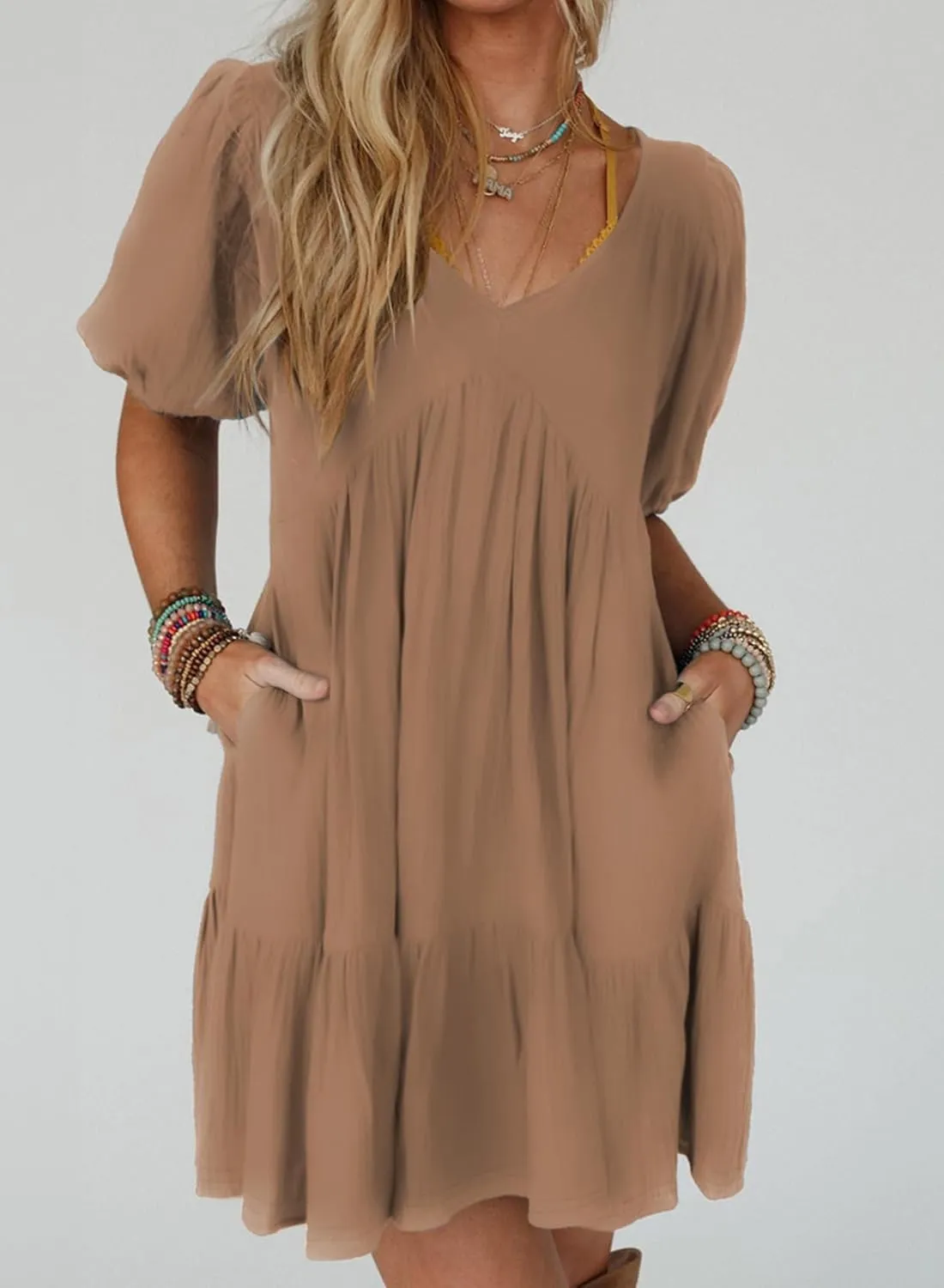 Acelitt Women's Summer Dresses 2025 Beach Casual Deep V Neck Loose Sundress Short Sleeve Mini Dress