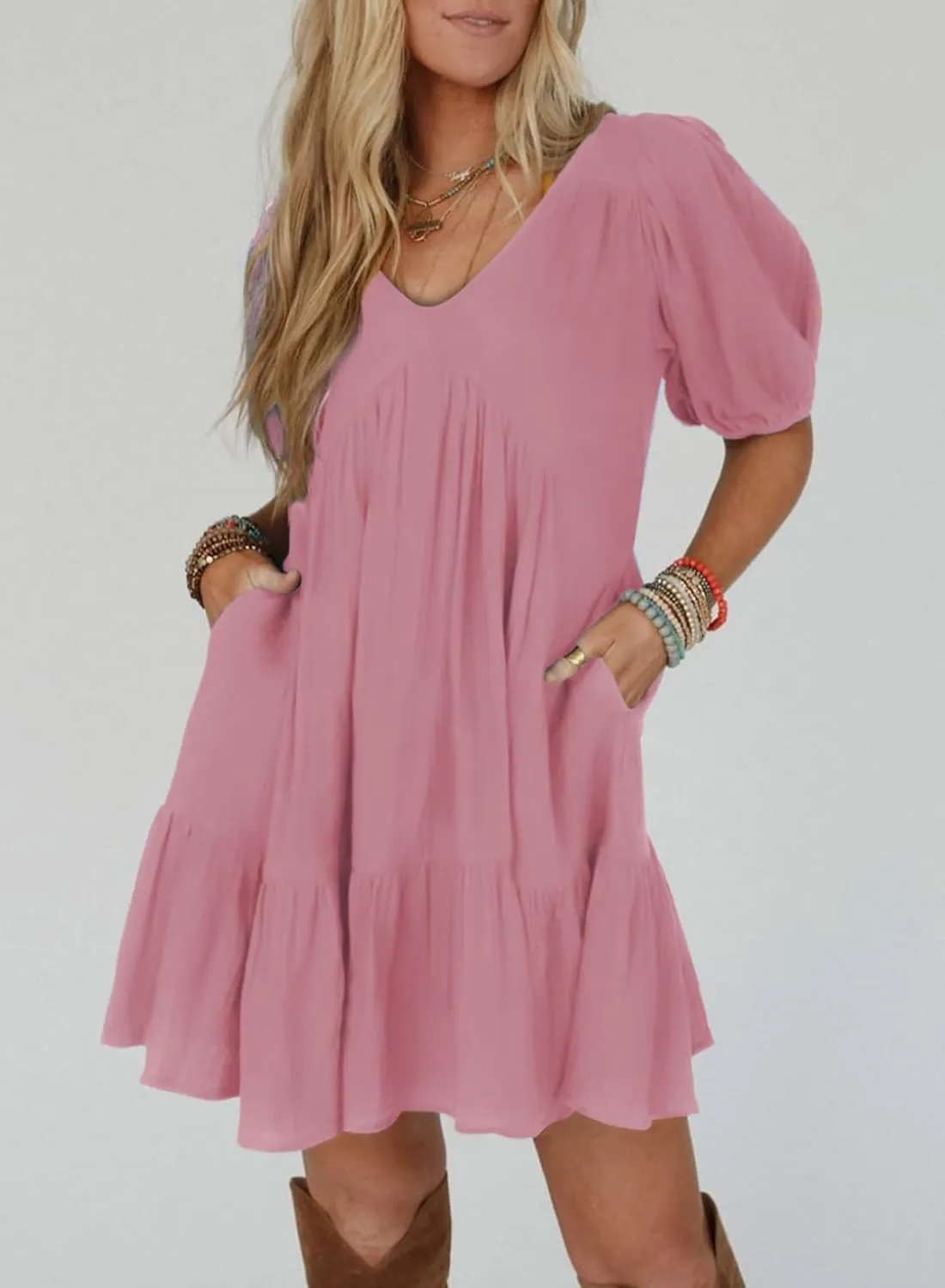 Acelitt Women's Summer Dresses 2025 Beach Casual Deep V Neck Loose Sundress Short Sleeve Mini Dress