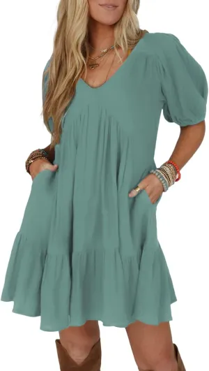 Acelitt Women's Summer Dresses 2025 Beach Casual Deep V Neck Loose Sundress Short Sleeve Mini Dress