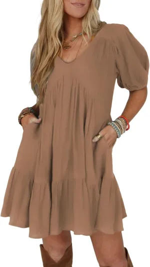 Acelitt Women's Summer Dresses 2025 Beach Casual Deep V Neck Loose Sundress Short Sleeve Mini Dress
