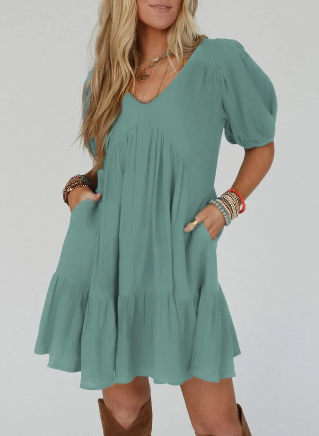 Acelitt Women's Summer Dresses 2025 Beach Casual Deep V Neck Loose Sundress Short Sleeve Mini Dress