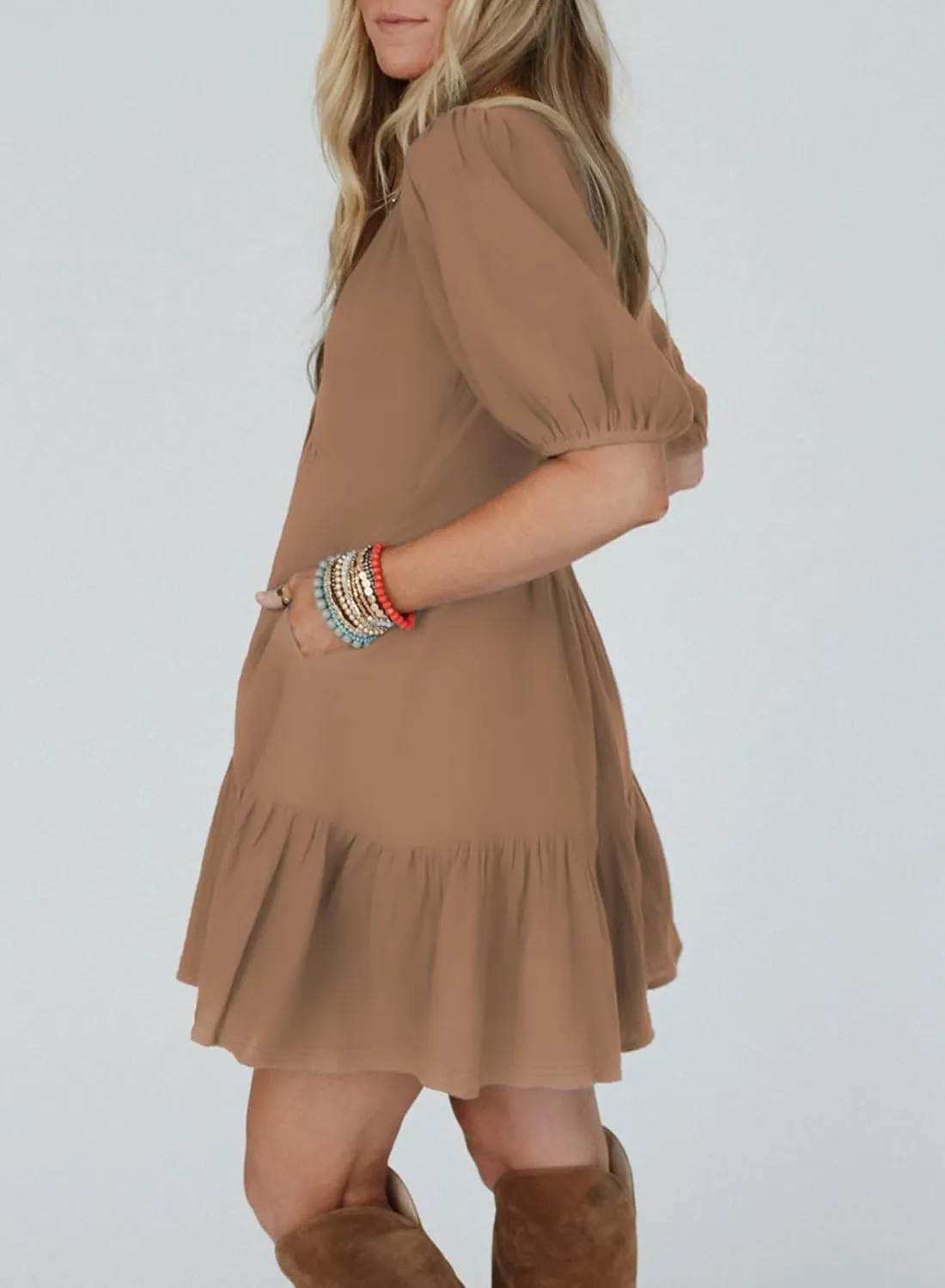 Acelitt Women's Summer Dresses 2025 Beach Casual Deep V Neck Loose Sundress Short Sleeve Mini Dress