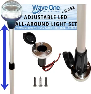 ADJUSTABLE Telescoping All-Around Anchor Light With Stainless Base | LED Boat Pole Aft Stern Navigation USCG 2NM | 12 Volt DC | 360 Night Nav Waterproof 28"-42"