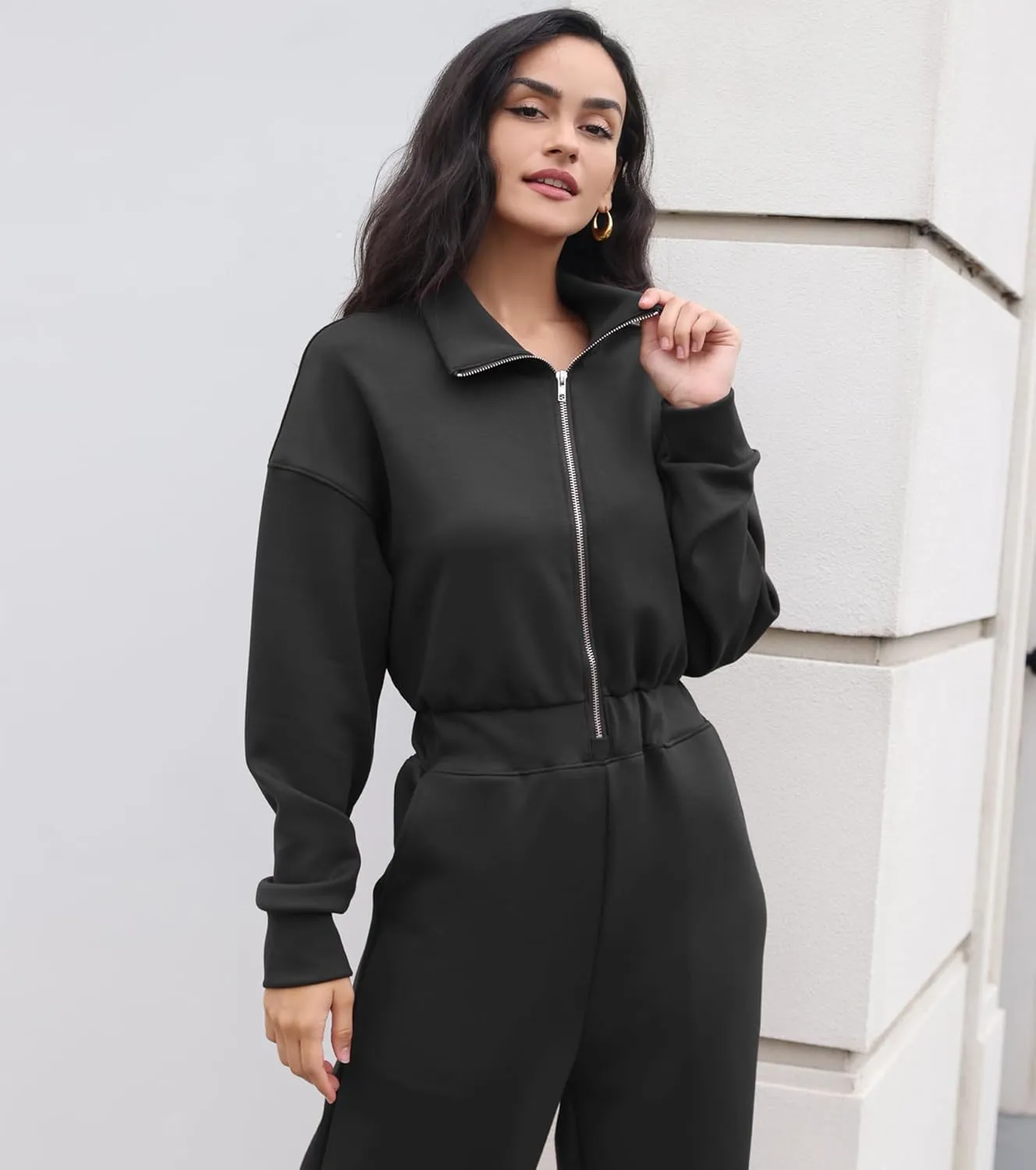 Airy Essential Long Sleeve Wide Leg Jumpsuits Women Casual Zip Up One Piece Romper Pockets