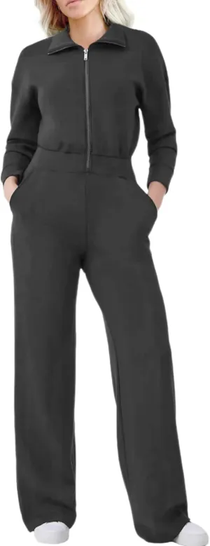 Airy Essential Long Sleeve Wide Leg Jumpsuits Women Casual Zip Up One Piece Romper Pockets