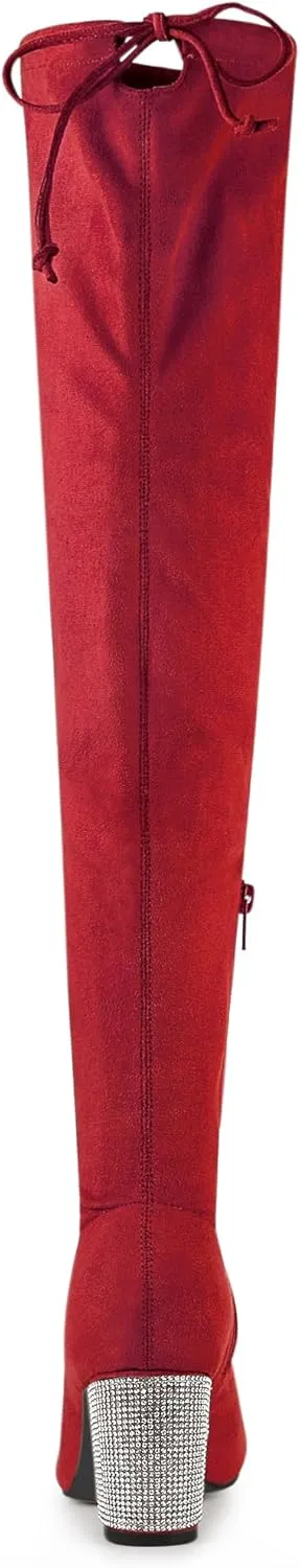 Allegra K Women's Chunky Heels Bling Rhinestone Over the Knee High Boots