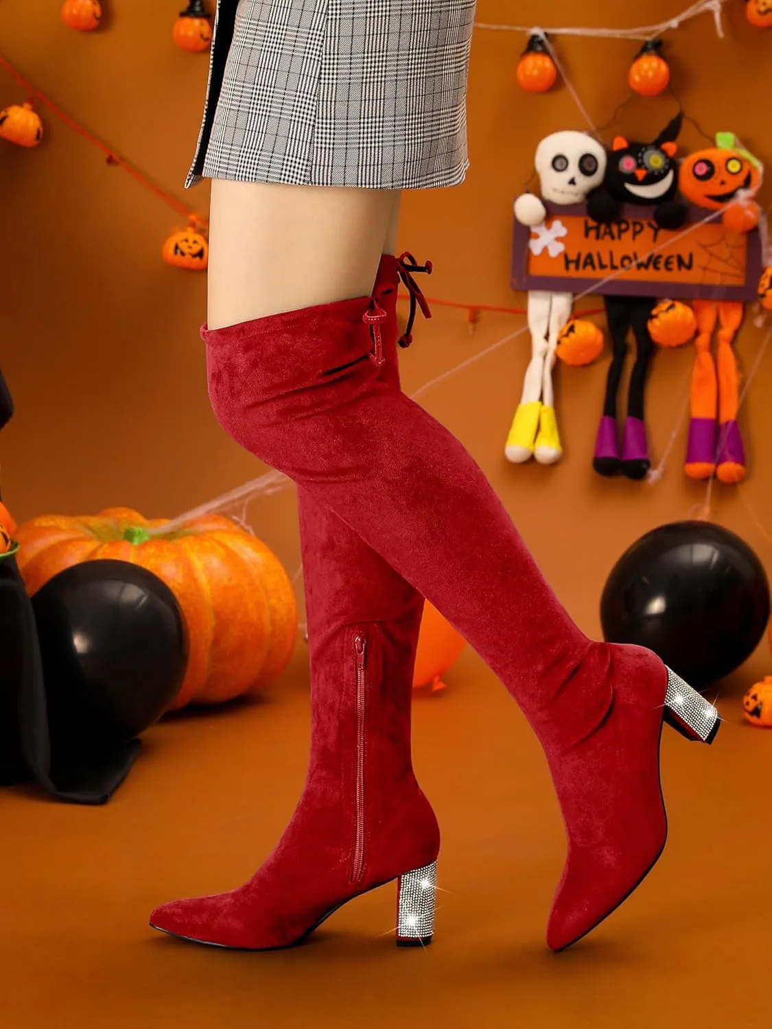 Allegra K Women's Chunky Heels Bling Rhinestone Over the Knee High Boots