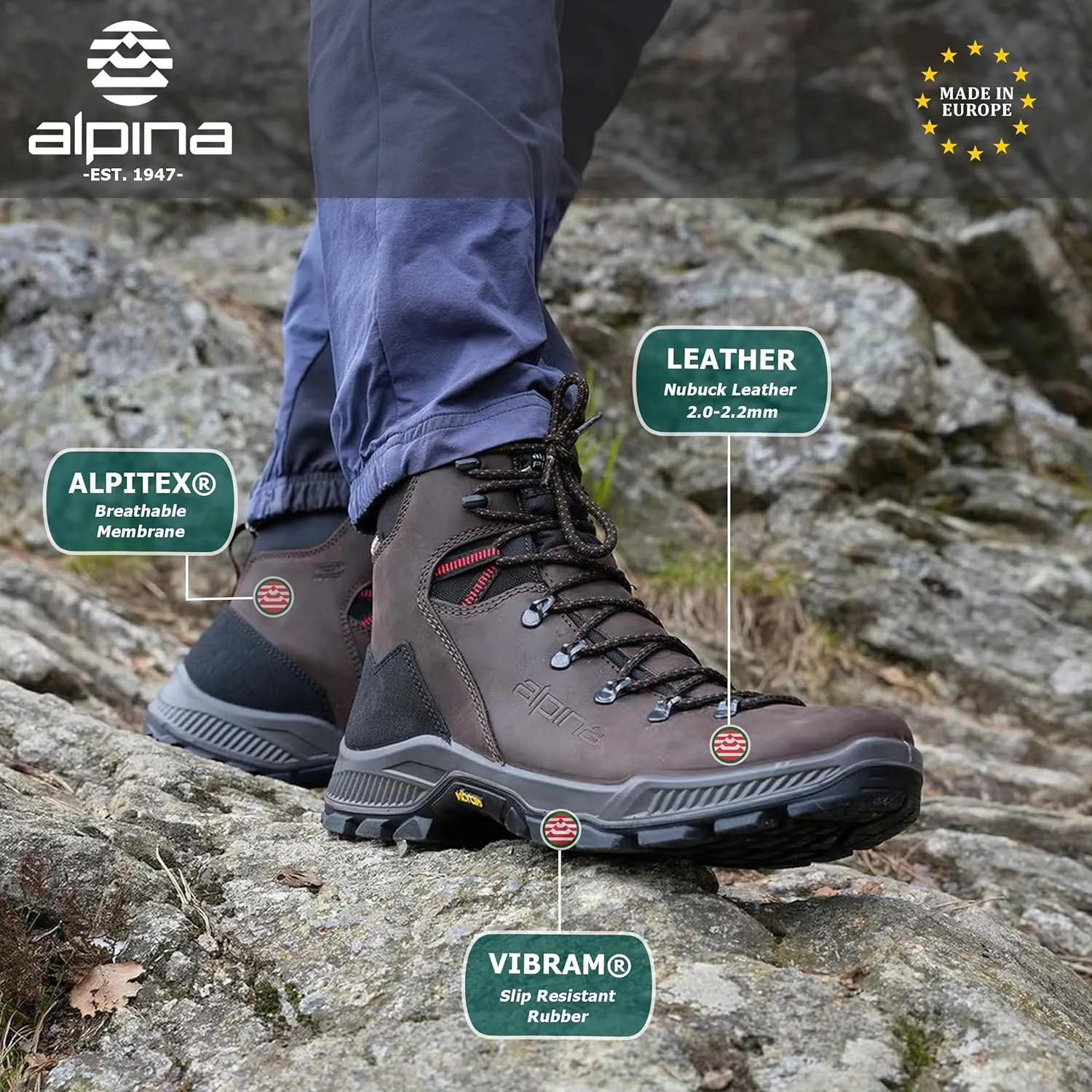Alpina PRIMA Waterproof Hiking Work Boots | Classic Full Leather Ankle High | Breathable Membrane | Vibram | All Weather Shoes | Men's or Women's | Made in Europe