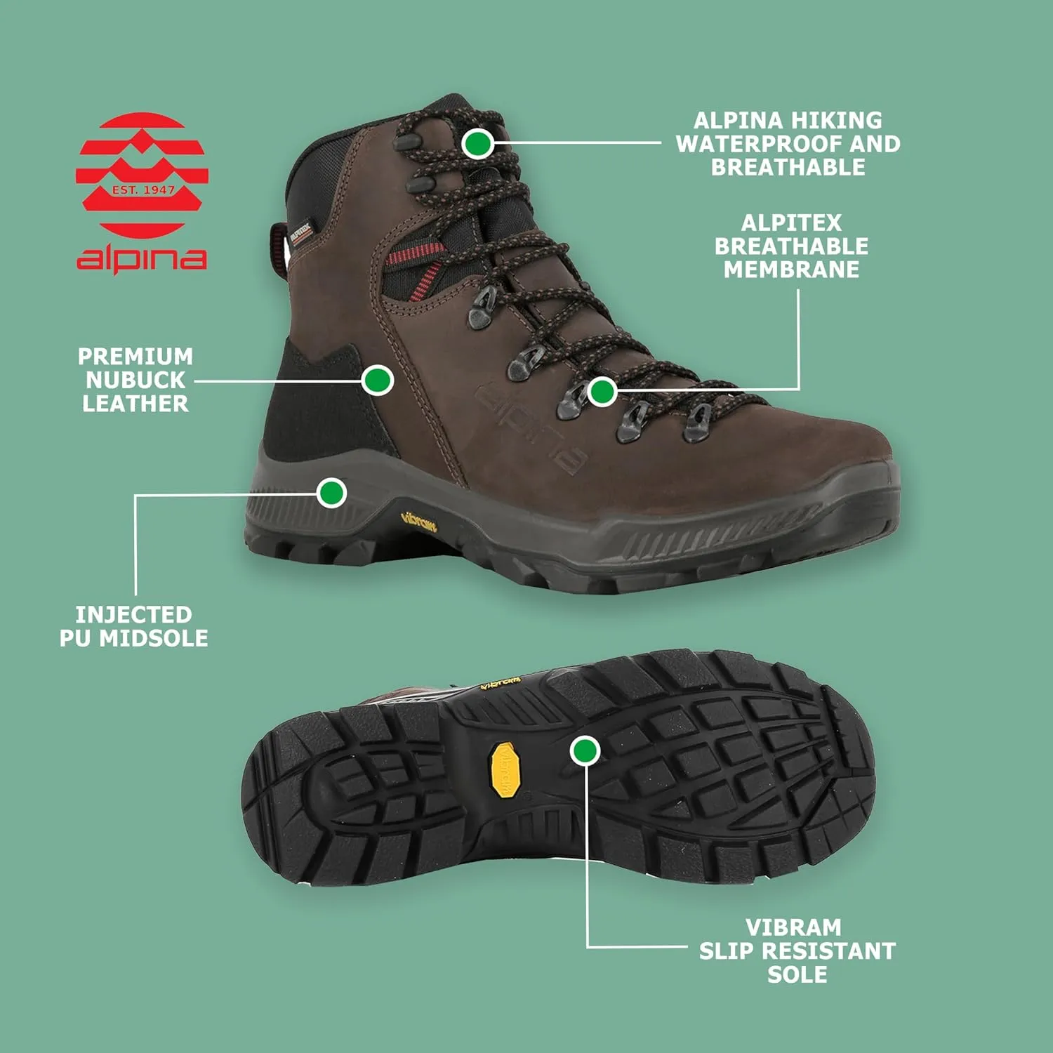 Alpina PRIMA Waterproof Hiking Work Boots | Classic Full Leather Ankle High | Breathable Membrane | Vibram | All Weather Shoes | Men's or Women's | Made in Europe