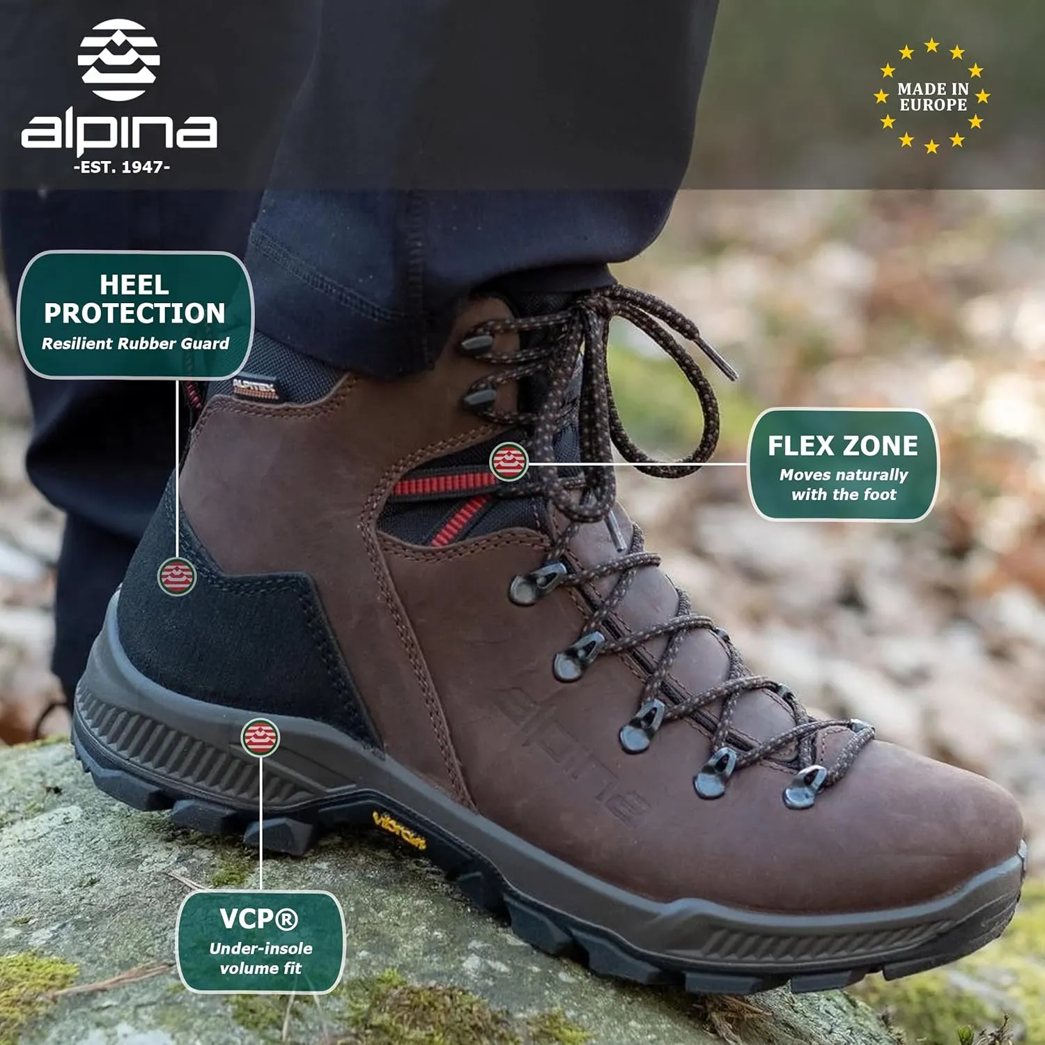 Alpina PRIMA Waterproof Hiking Work Boots | Classic Full Leather Ankle High | Breathable Membrane | Vibram | All Weather Shoes | Men's or Women's | Made in Europe