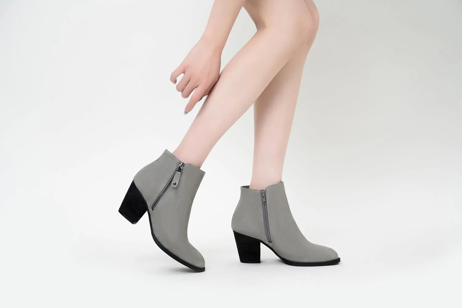 ANJOUFEMME Women's Zipper Chunky Ankle Boots, Stacked Mid Heel Dress Boots, Comfortable Short Booties