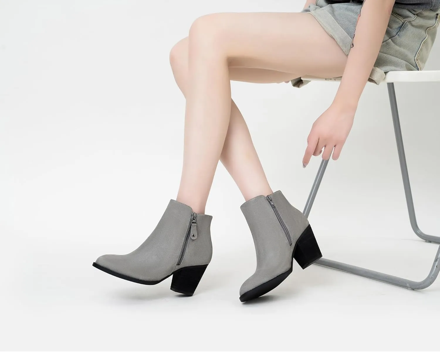 ANJOUFEMME Women's Zipper Chunky Ankle Boots, Stacked Mid Heel Dress Boots, Comfortable Short Booties