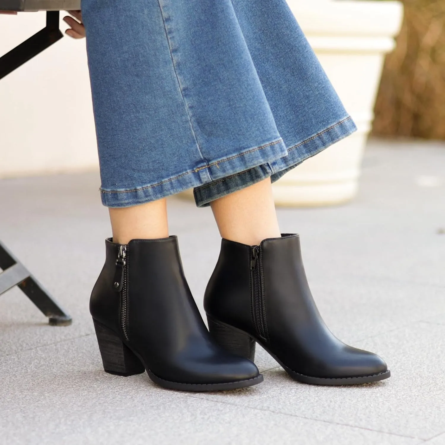 ANJOUFEMME Women's Zipper Chunky Ankle Boots, Stacked Mid Heel Dress Boots, Comfortable Short Booties