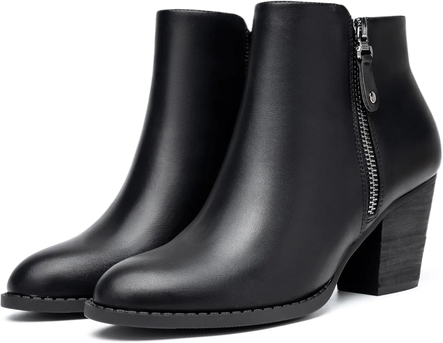 ANJOUFEMME Women's Zipper Chunky Ankle Boots, Stacked Mid Heel Dress Boots, Comfortable Short Booties