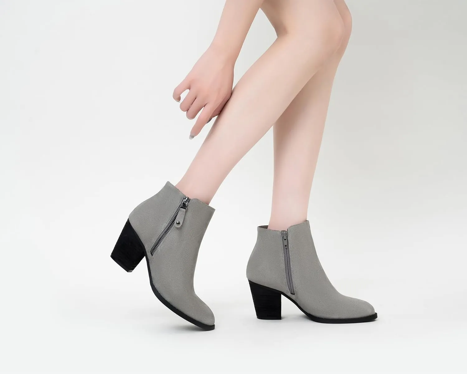 ANJOUFEMME Women's Zipper Chunky Ankle Boots, Stacked Mid Heel Dress Boots, Comfortable Short Booties