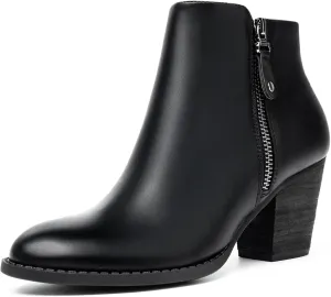 ANJOUFEMME Women's Zipper Chunky Ankle Boots, Stacked Mid Heel Dress Boots, Comfortable Short Booties