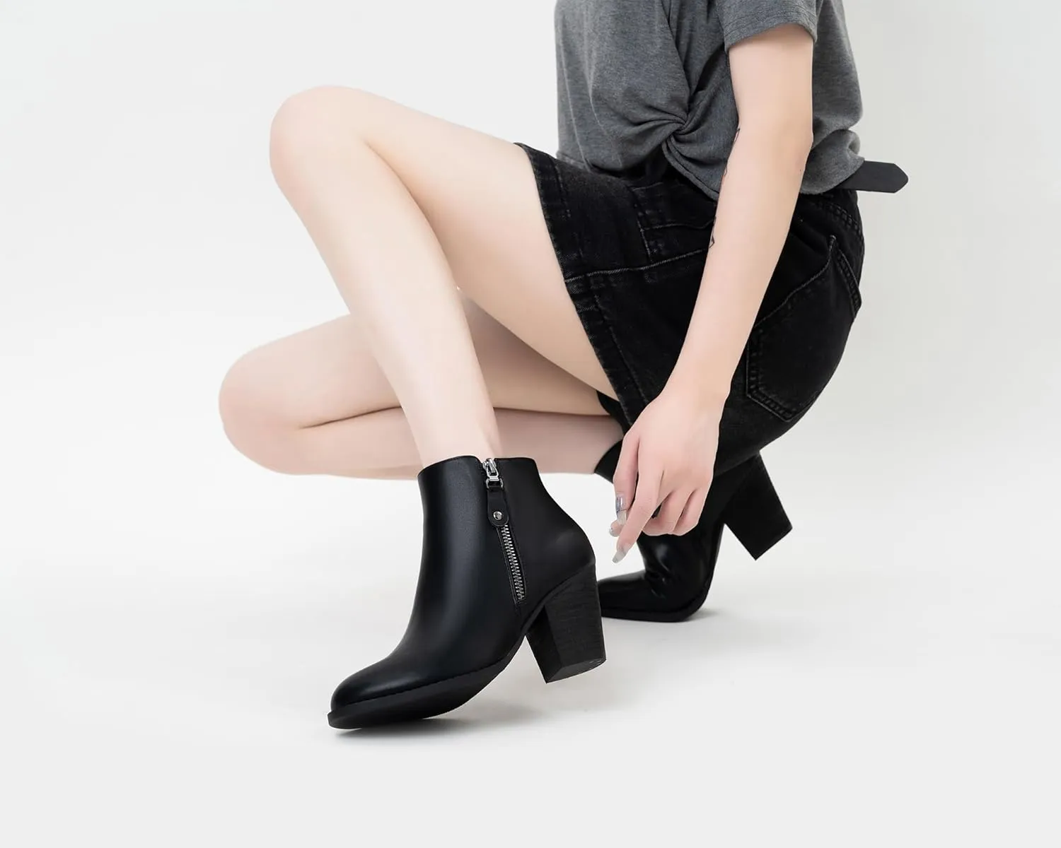 ANJOUFEMME Women's Zipper Chunky Ankle Boots, Stacked Mid Heel Dress Boots, Comfortable Short Booties
