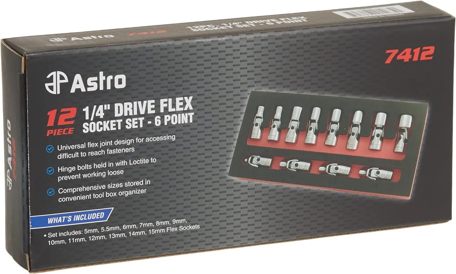 Astro Pneumatic Tool 7412 12-Piece 1/4" Drive Flex Socket Set - 6 Point - Metric