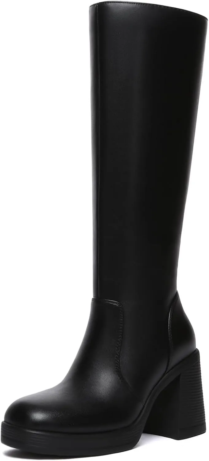 Athlefit Black Knee High Boots for Women Platform Tall Boots Fashion Square Toe Chunky Heeled Booties
