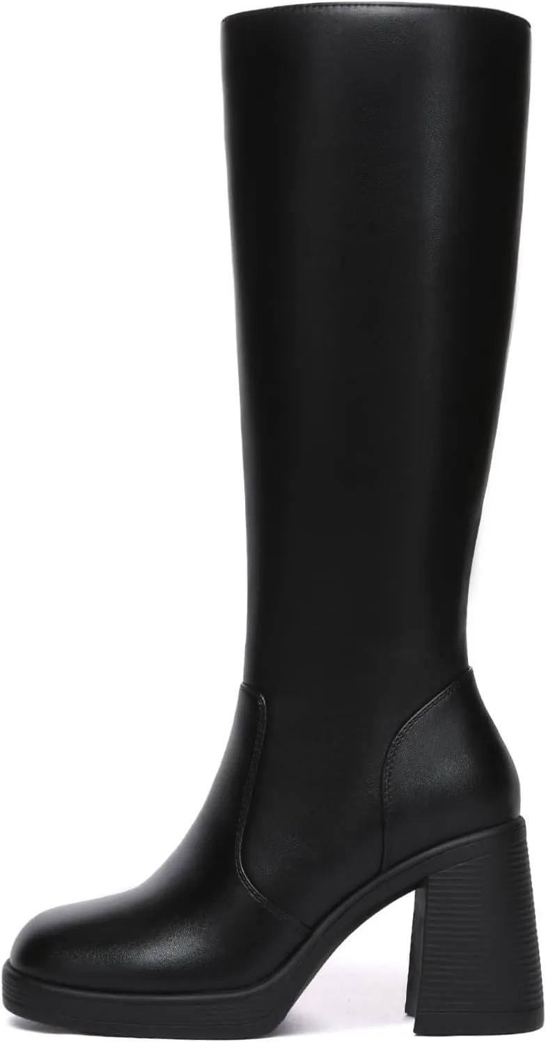 Athlefit Black Knee High Boots for Women Platform Tall Boots Fashion Square Toe Chunky Heeled Booties