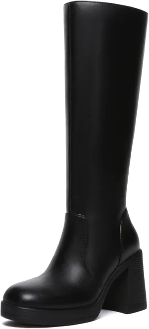 Athlefit Black Knee High Boots for Women Platform Tall Boots Fashion Square Toe Chunky Heeled Booties