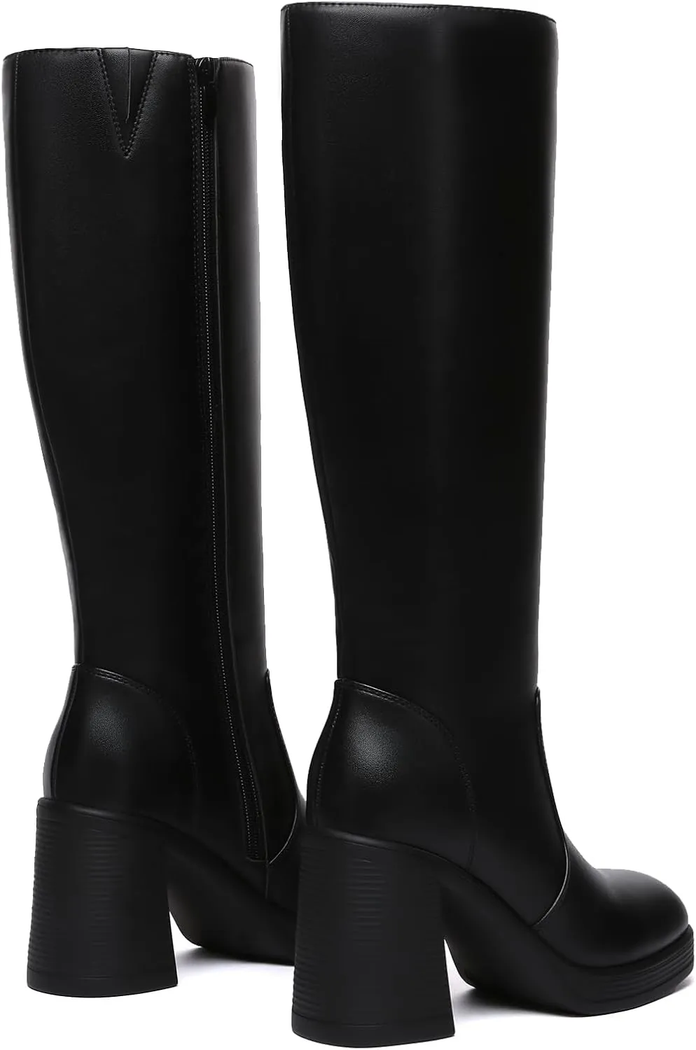 Athlefit Black Knee High Boots for Women Platform Tall Boots Fashion Square Toe Chunky Heeled Booties