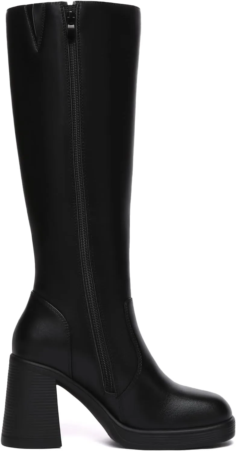 Athlefit Black Knee High Boots for Women Platform Tall Boots Fashion Square Toe Chunky Heeled Booties