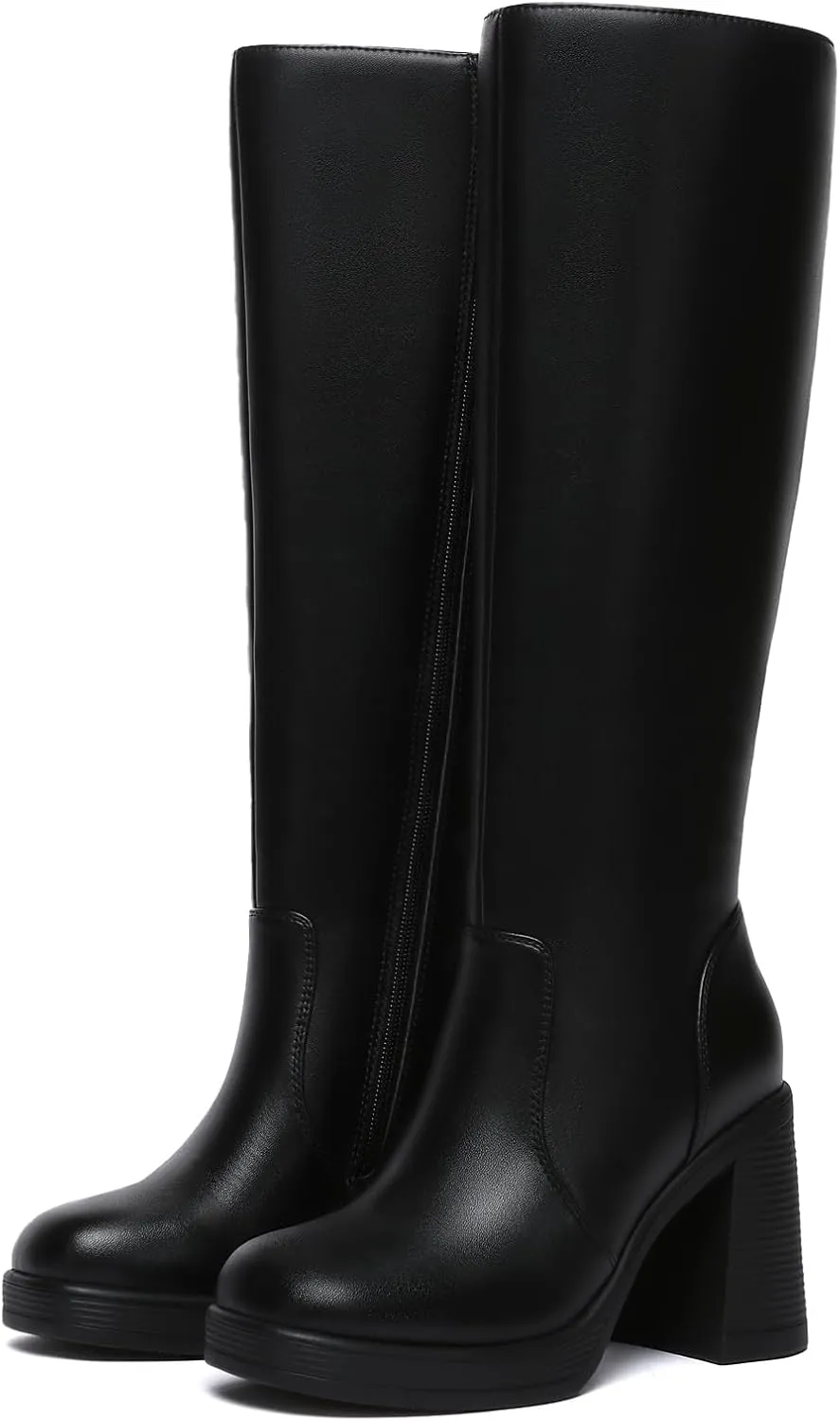 Athlefit Black Knee High Boots for Women Platform Tall Boots Fashion Square Toe Chunky Heeled Booties