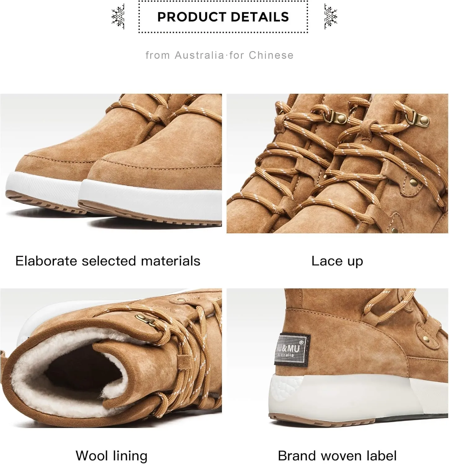 AUMU Taurus Leather Metal Buckle Brass Eyelets Suede Upper Laces Winter Snow Boots…