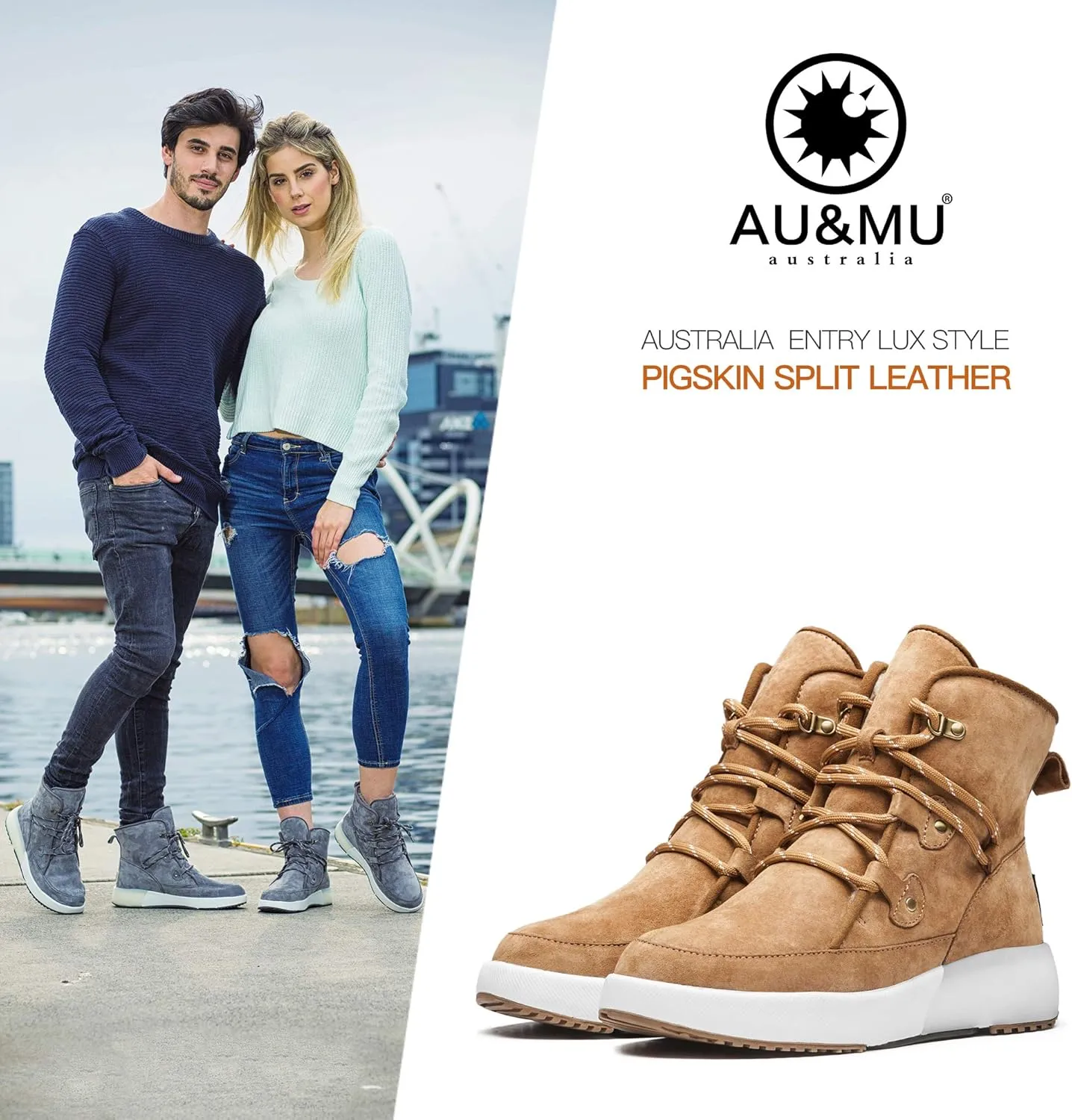AUMU Taurus Leather Metal Buckle Brass Eyelets Suede Upper Laces Winter Snow Boots…