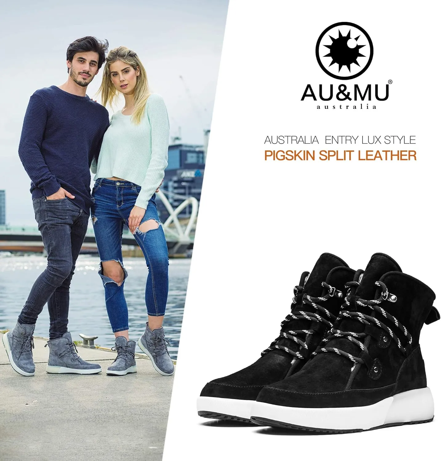 AUMU Taurus Leather Metal Buckle Brass Eyelets Suede Upper Laces Winter Snow Boots…