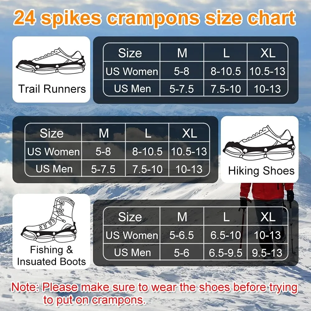 AYAMAYA Upgraded 24 Spikes Crampons Ice Cleats for Shoes and Boots - Antislip Stainless Steel Snow Traction Ice Gripper for Shoes Men Women, Snow Chains for Hiking Winter Walking Climbing - M/L/XL
