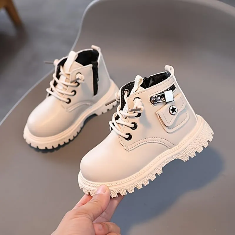Baby Girls Work Boots Autumn Fashion Leather Lace-Up Boots Soft Flat Ankle Snow Boots, Toddler Fur Winter Shoes Sneakers