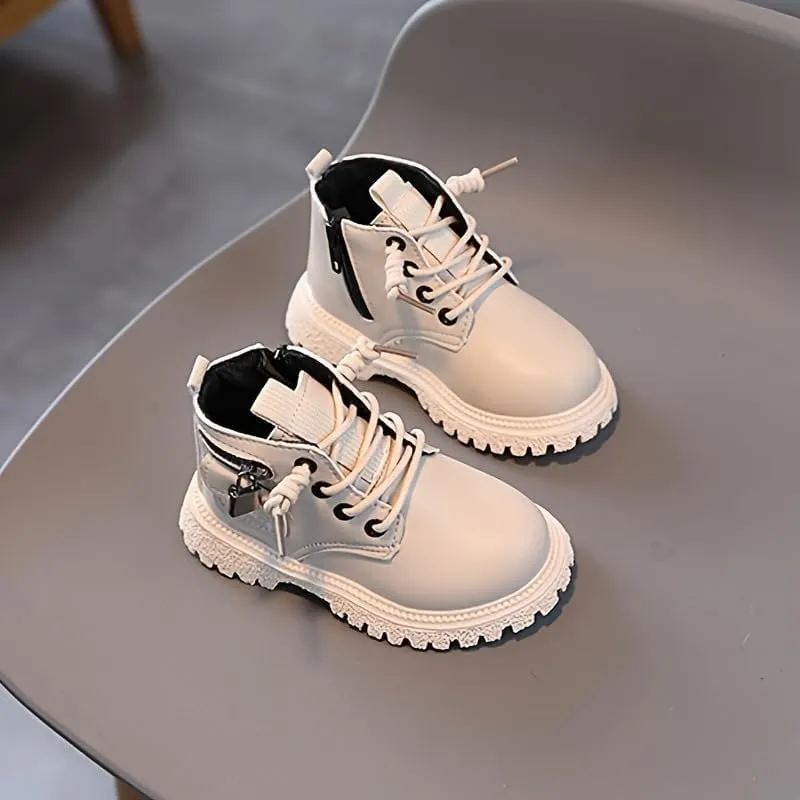 Baby Girls Work Boots Autumn Fashion Leather Lace-Up Boots Soft Flat Ankle Snow Boots, Toddler Fur Winter Shoes Sneakers