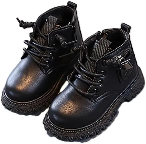 Baby Girls Work Boots Autumn Fashion Leather Lace-Up Boots Soft Flat Ankle Snow Boots, Toddler Fur Winter Shoes Sneakers