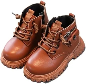 Baby Girls Work Boots Autumn Fashion Leather Lace-Up Boots Soft Flat Ankle Snow Boots, Toddler Fur Winter Shoes Sneakers
